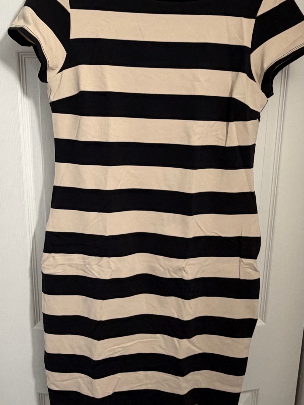 bebe Black and Cream Striped Midi Dress